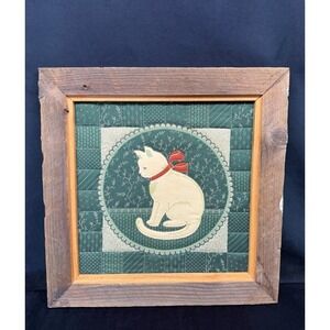 Vintage Quilted Cat Framed Picture Green Rustic Art Granny Farmhouse Cottage